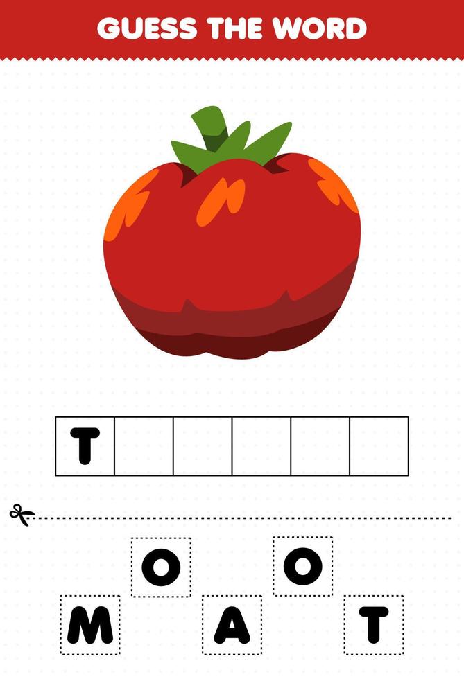 Education game for children guess the word letters practicing cute vegetable tomato vector