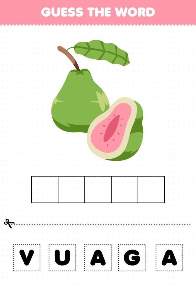 juego educativo para niños adivina la palabra letras practicando guayaba de fruta linda vector