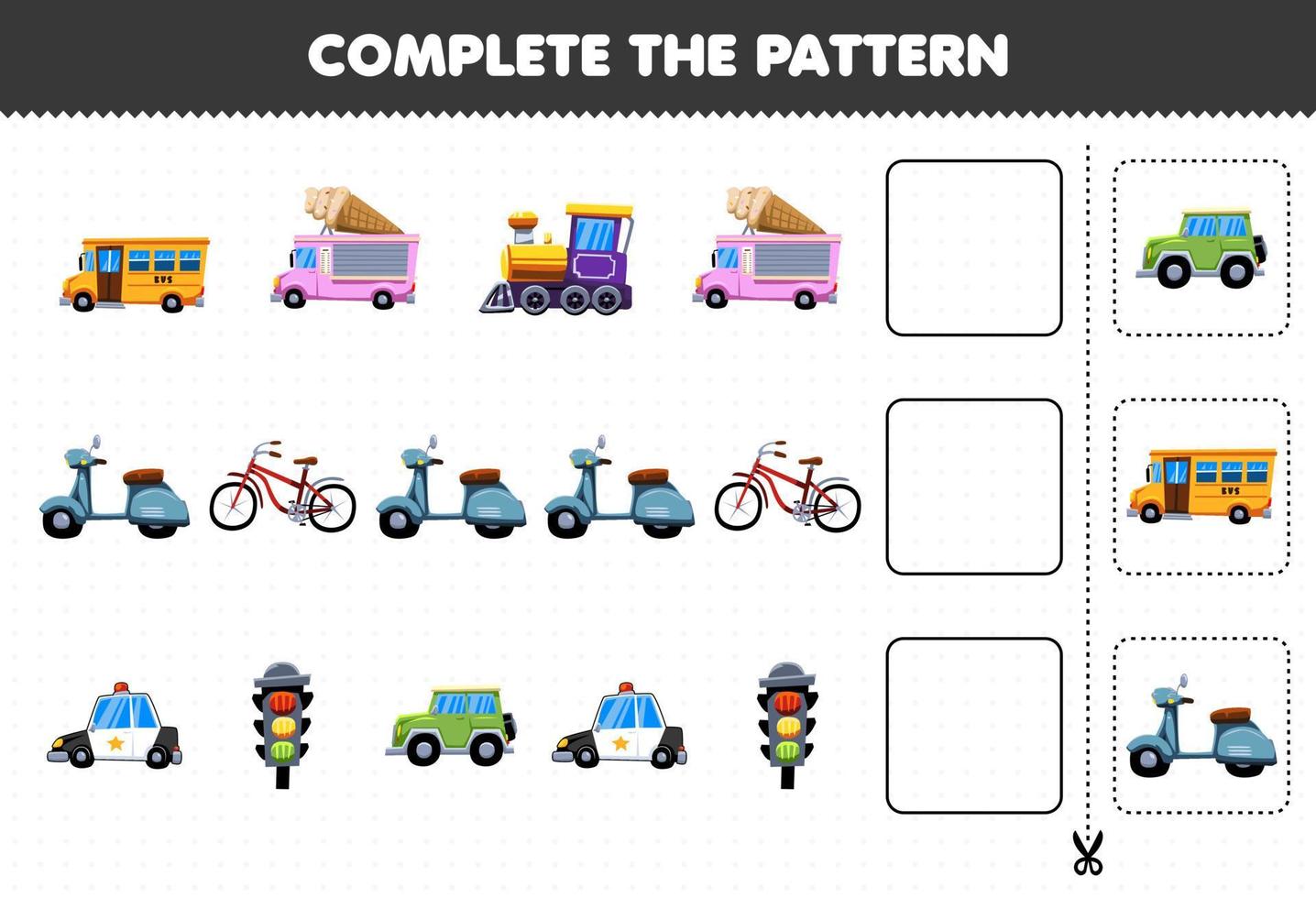 juego educativo para niños complete el patrón de pensamiento lógico encuentre la regularidad y continúe la tarea de la fila con el transporte terrestre vector