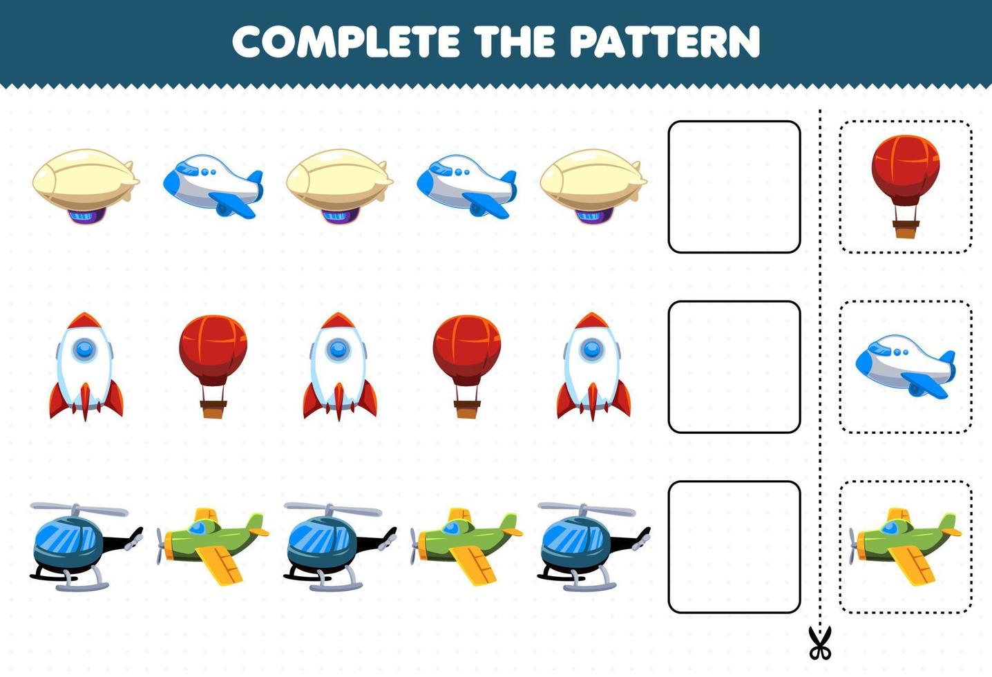 Education game for children complete the pattern logical thinking find the regularity and continue the row task with flying transportation vector