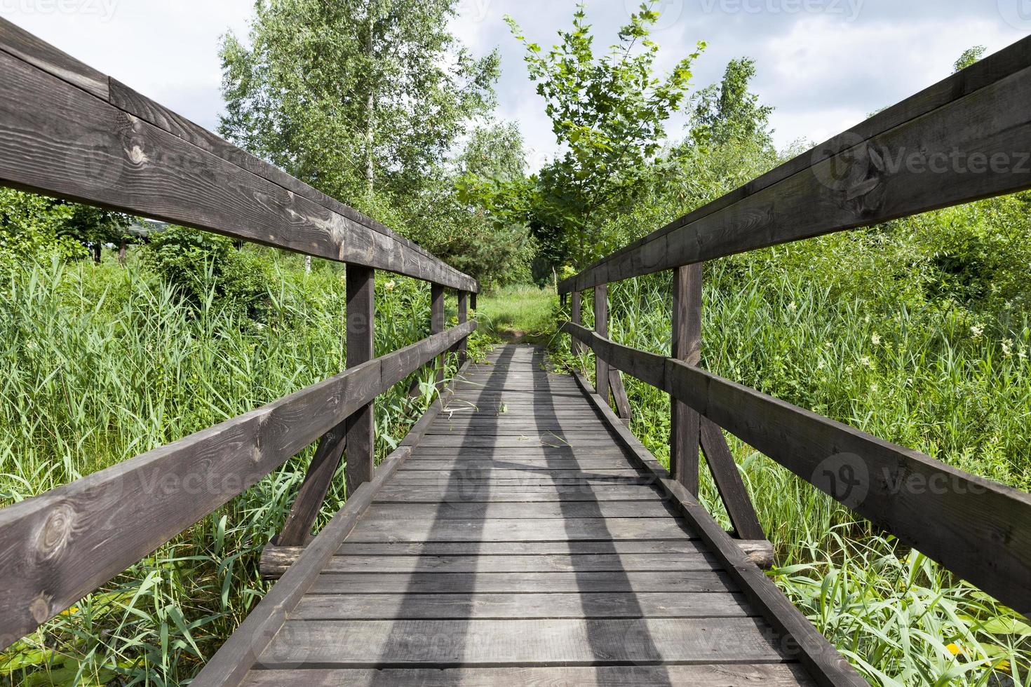 old wooden bridge built on the lake photo