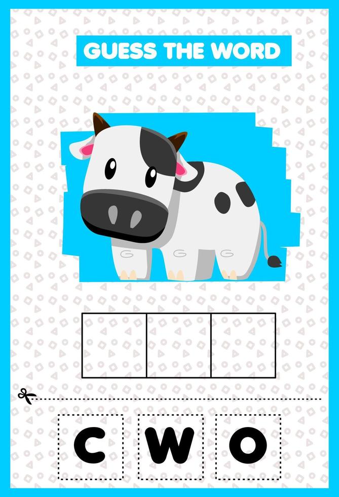 Education game for children guess the word letters practicing cute cartoon cow vector