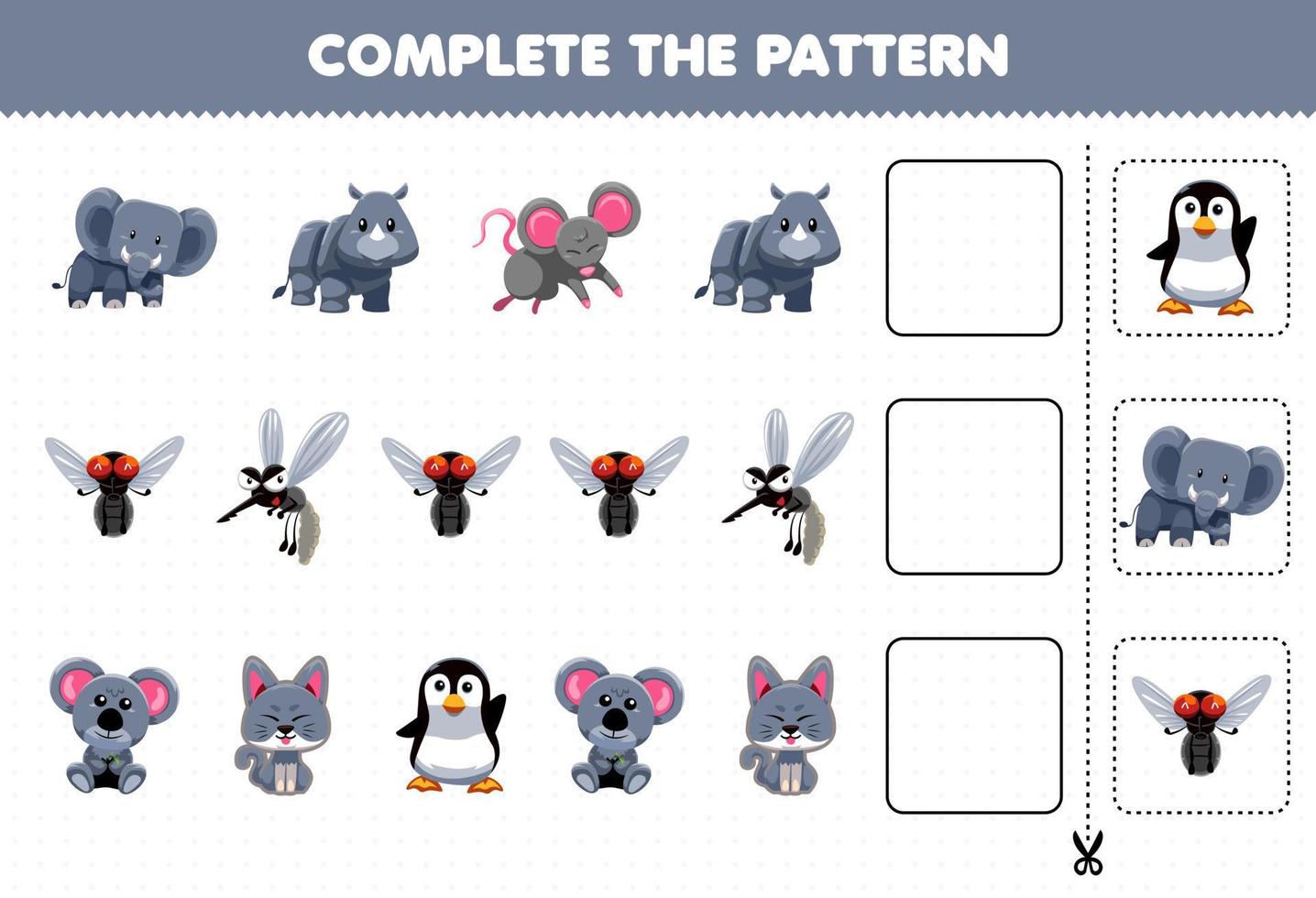 juego educativo para niños, complete el patrón de pensamiento lógico, encuentre la regularidad y continúe la tarea de la fila con un lindo personaje animal gris vector