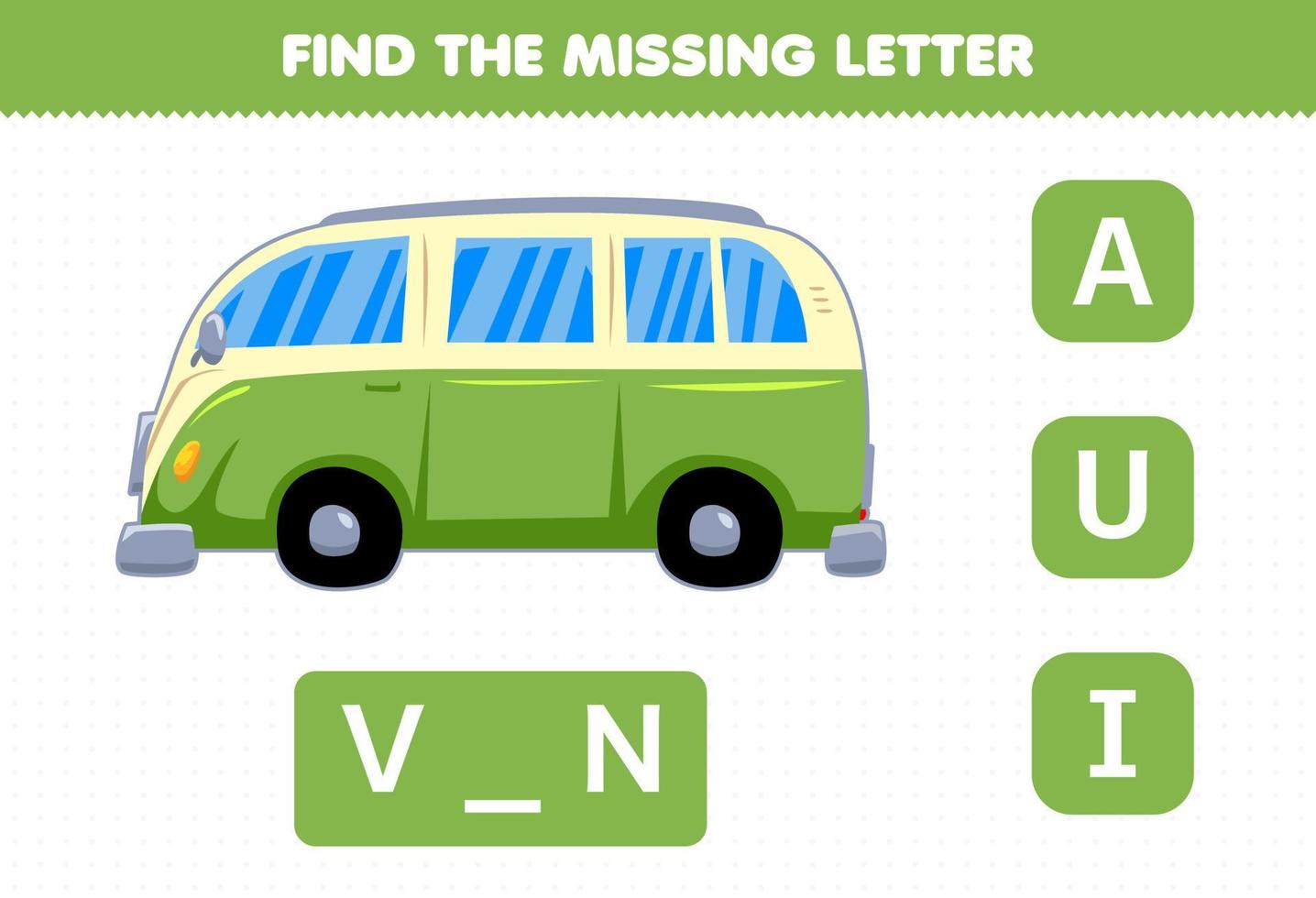 Education game for children find missing letter cute transportation van car vector