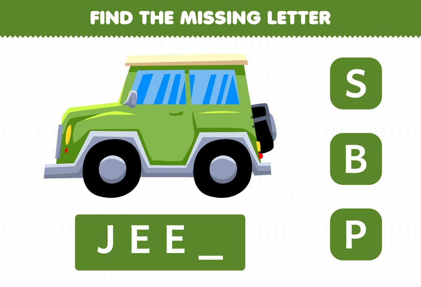 juego educativo para niños encontrar letra faltante lindo transporte jeep coche vector