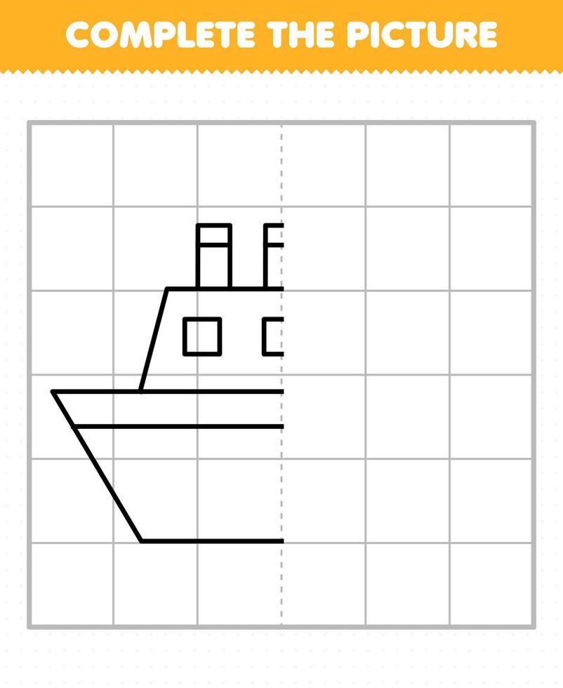 Education game for children complete the picture cute transportation ferry ship half outline for drawing vector