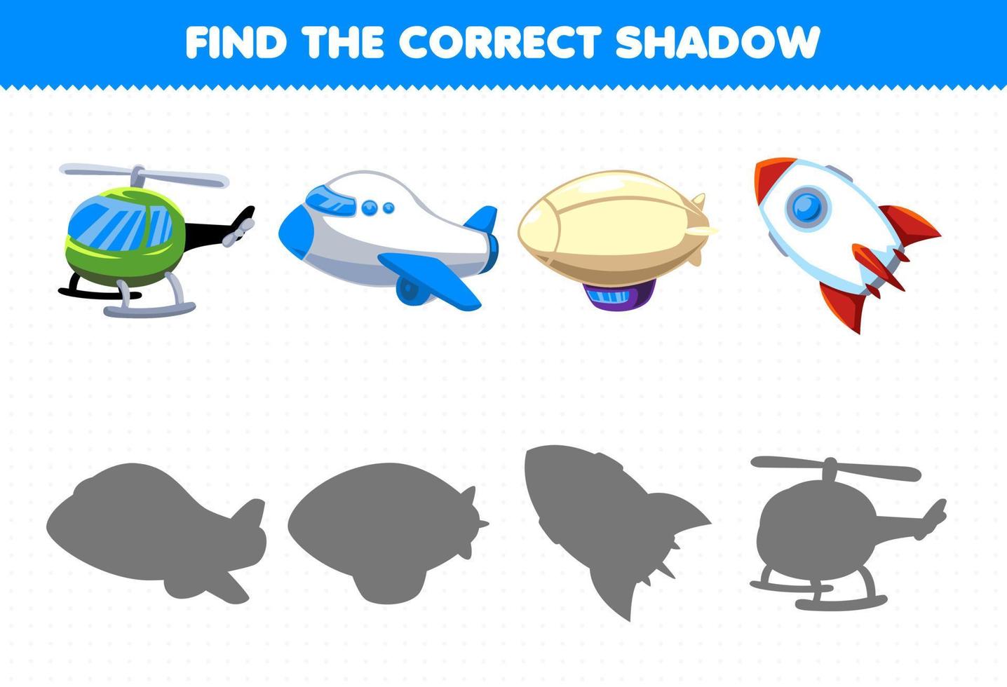 Education game for children find the correct shadow set of flying transportation vector