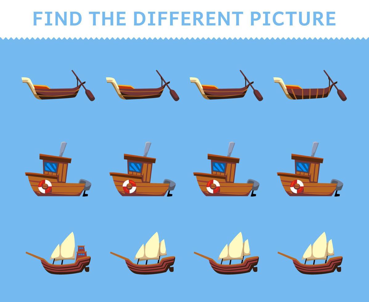 Education game for children find the different picture in each row transportation gondola ship xebec vector