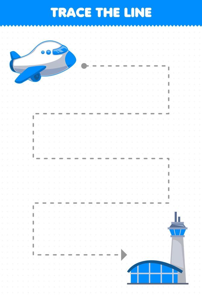 juego educativo para niños práctica de escritura a mano rastrear las líneas ayudar al avión de transporte a trasladarse al aeropuerto vector