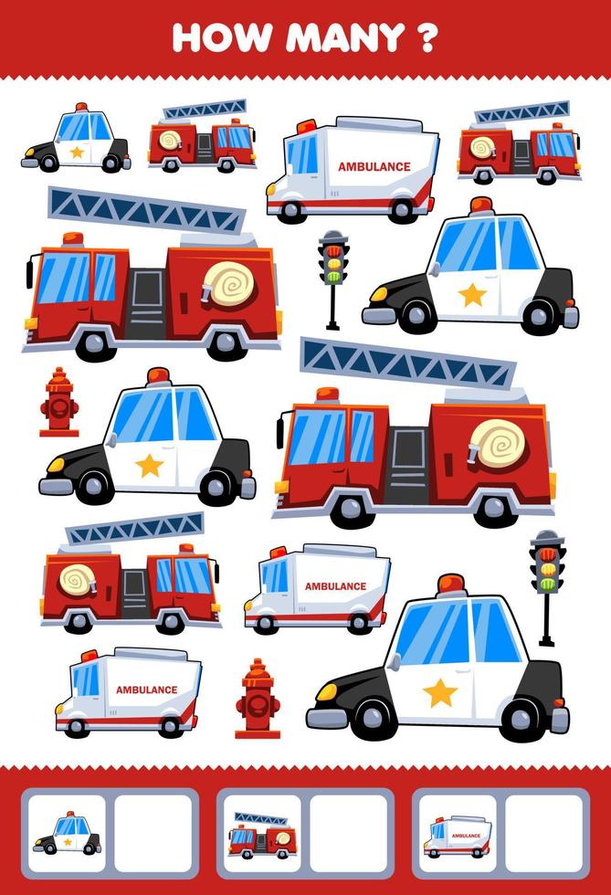juego educativo para niños buscando y contando actividad para preescolar cuántos transporte de rescate coche de policía ambulancia camión de bomberos vector