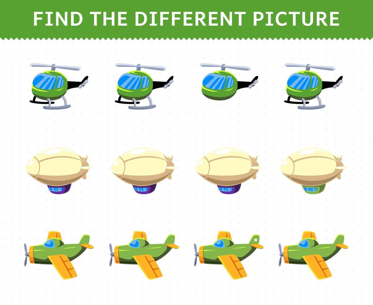 Education game for children find the different picture in each row transportation helicopter zeppelin plane vector