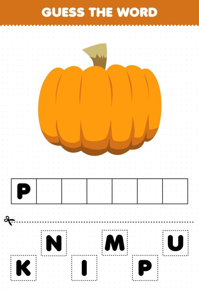 Education game for children guess the word letters practicing cute vegetable pumpkin vector