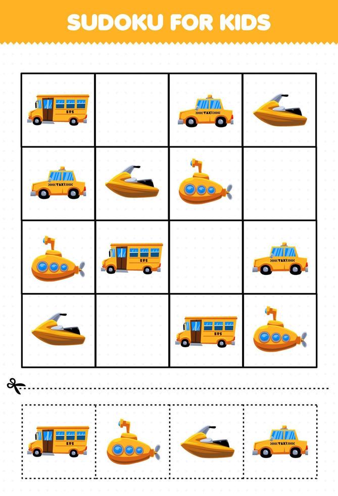 juego educativo para niños sudoku para niños con imagen de transporte amarillo de dibujos animados vector