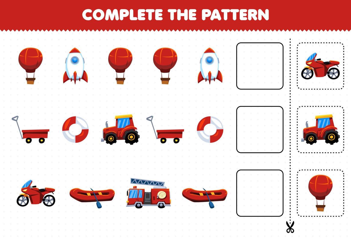 juego educativo para niños, complete el patrón de pensamiento lógico, encuentre la regularidad y continúe la tarea de la fila con el transporte rojo vector