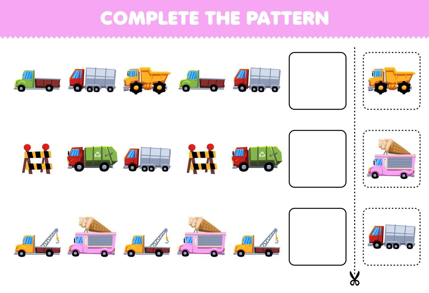 juego educativo para niños, complete el patrón de pensamiento lógico, encuentre la regularidad y continúe la tarea de la fila con el transporte en camión vector