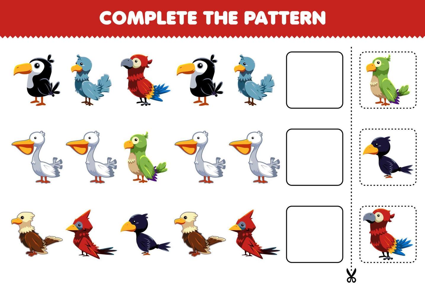 juego educativo para niños, complete el patrón de pensamiento lógico, encuentre la regularidad y continúe la tarea de la fila con un lindo personaje de pájaro vector