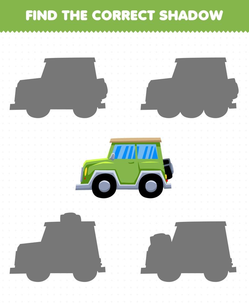 Education game for children find the correct shadow set of transportation jeep car vector