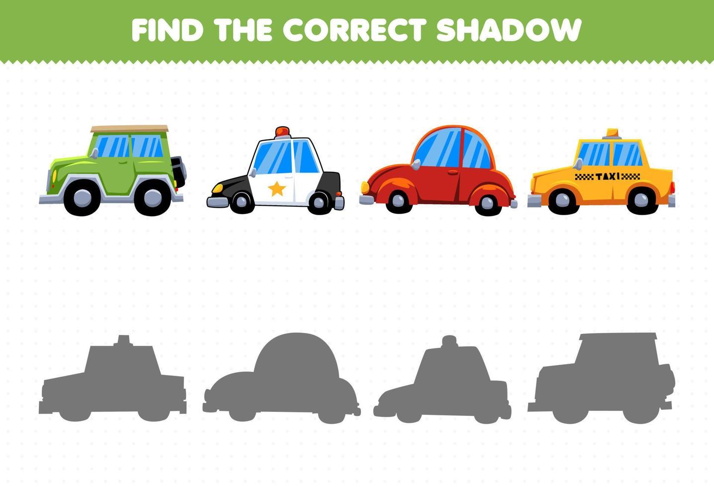 Education game for children find the correct shadow set of car transportation vector