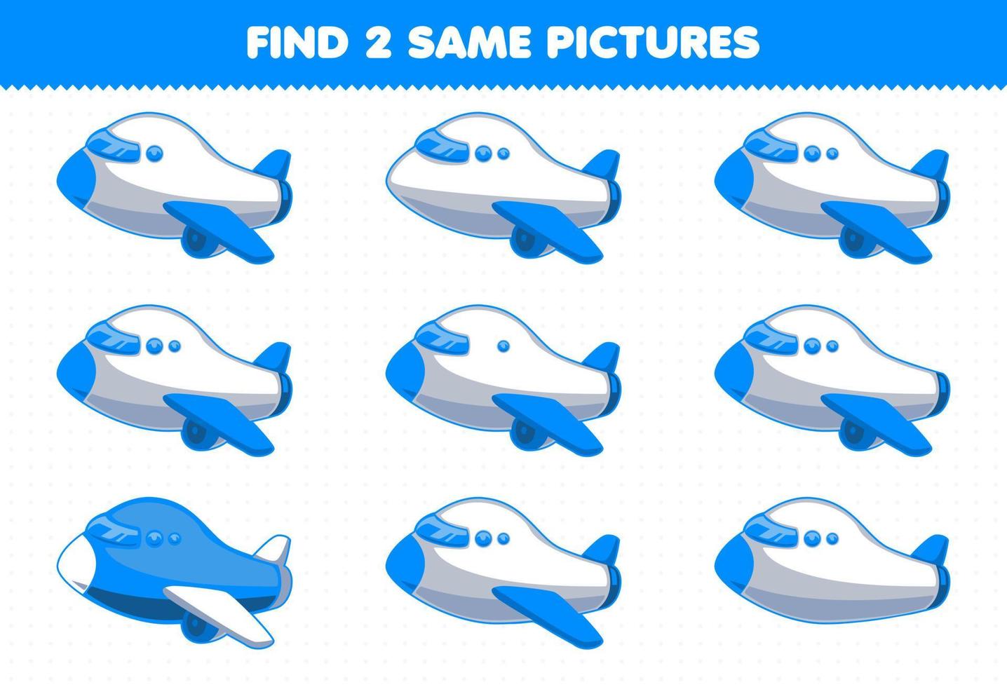 Education game for children find two same pictures transportation plane vector