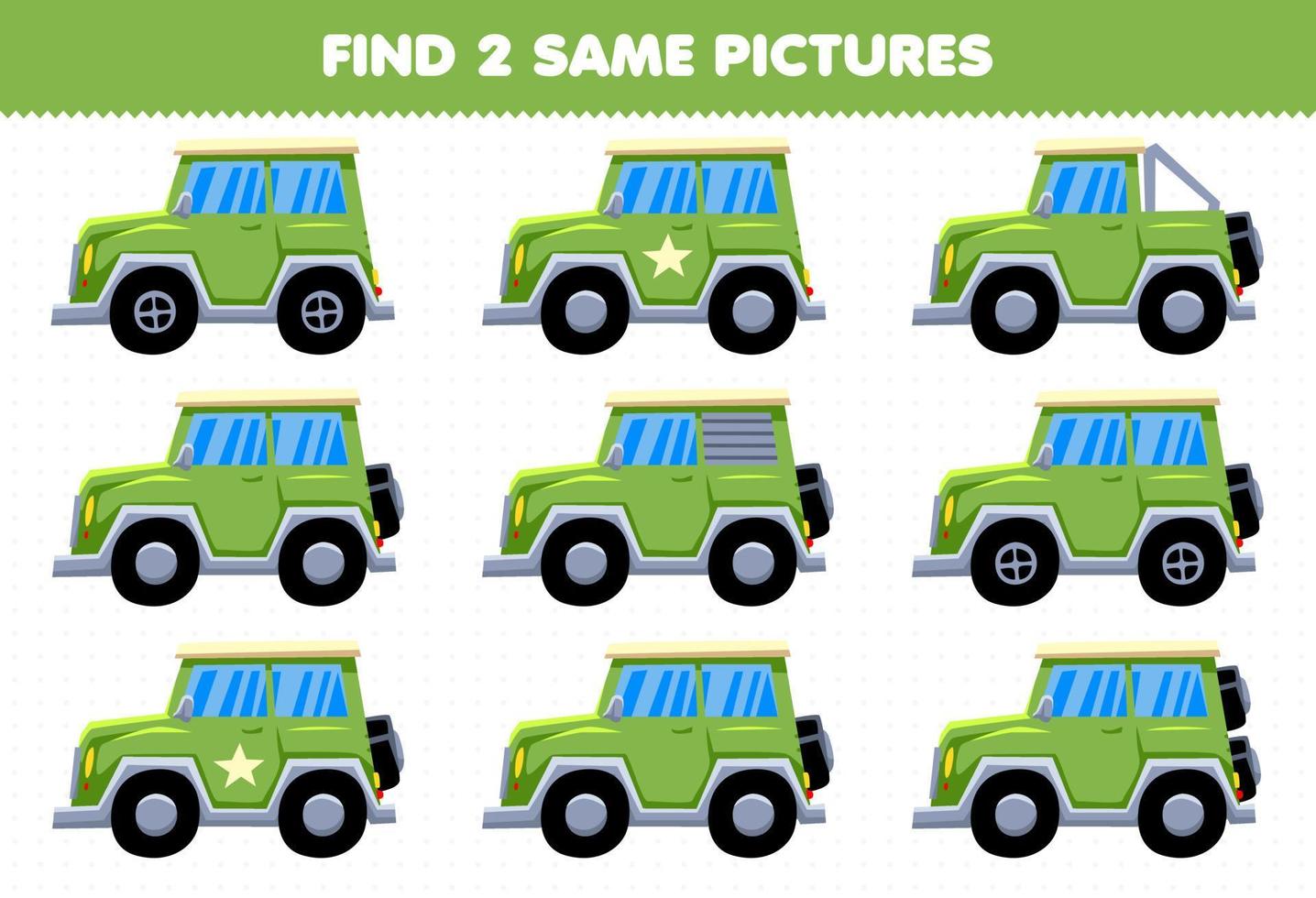juego educativo para niños encuentra dos imágenes iguales transporte jeep coche vector