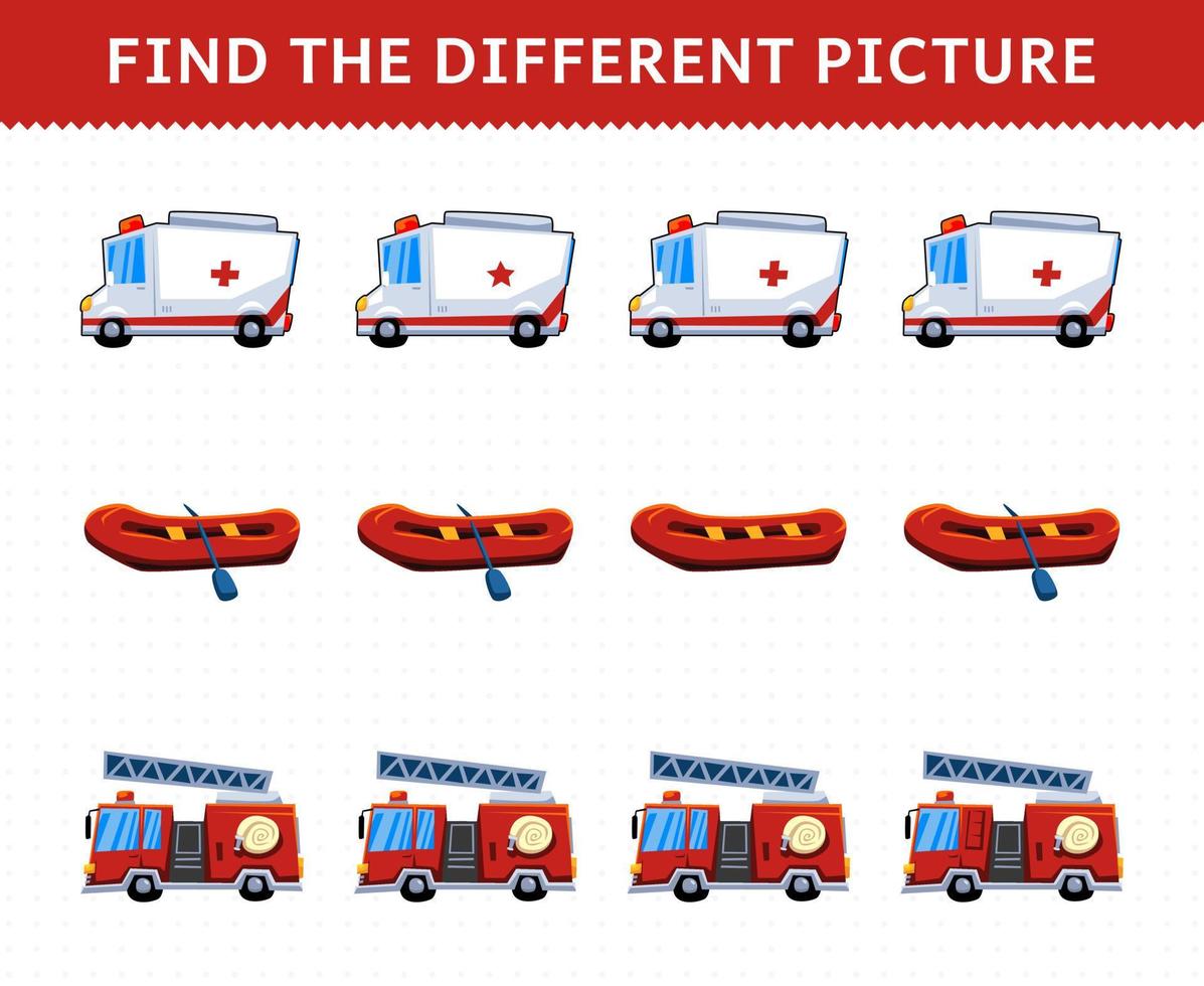 Education game for children find the different picture in each row transportation ambulance inflatable boat firetruck vector