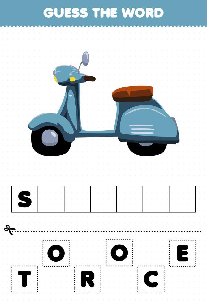 Education game for children guess the word letters practicing cute transportation scooter vector