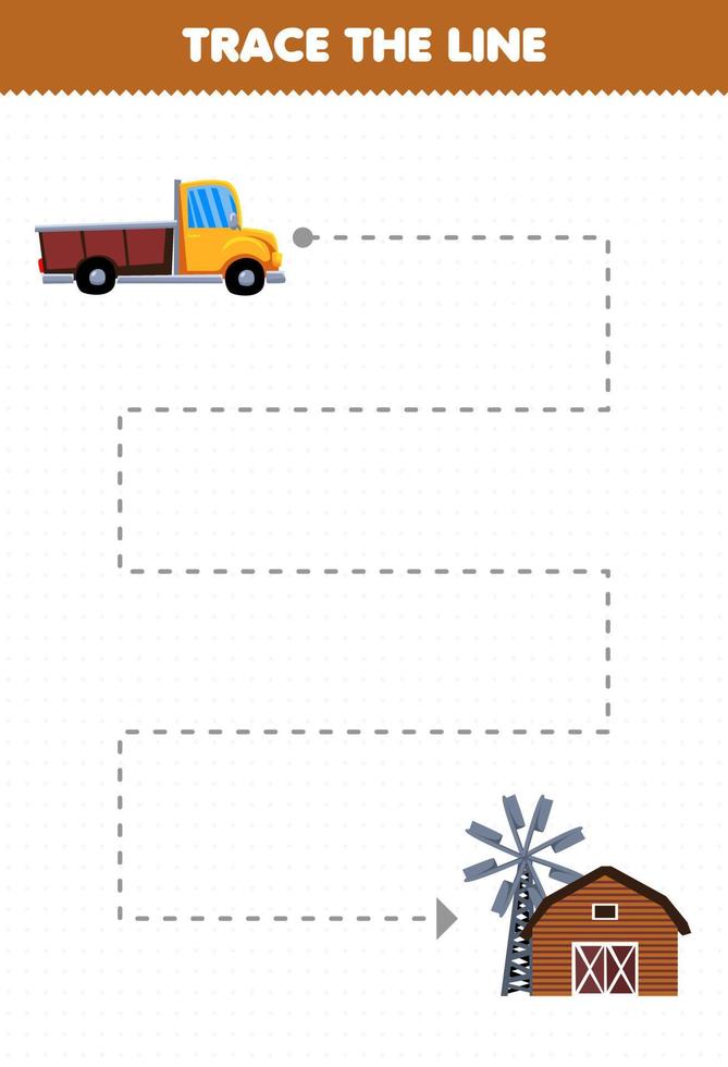 Education game for children handwriting practice trace the lines help transportation pickup truck move to farm house vector