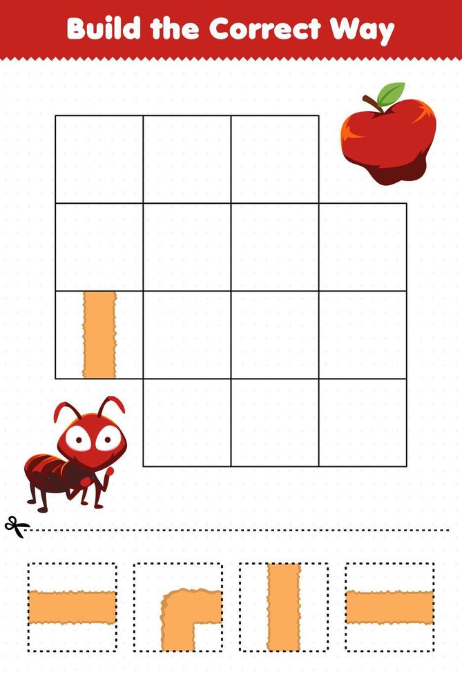 juego educativo para niños construye la manera correcta ayuda a la linda hormiga a moverse a la manzana vector