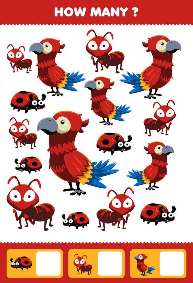 juego educativo para niños buscando y contando actividad para preescolar cuántos lindo animal rojo hormiga loro mariquita vector