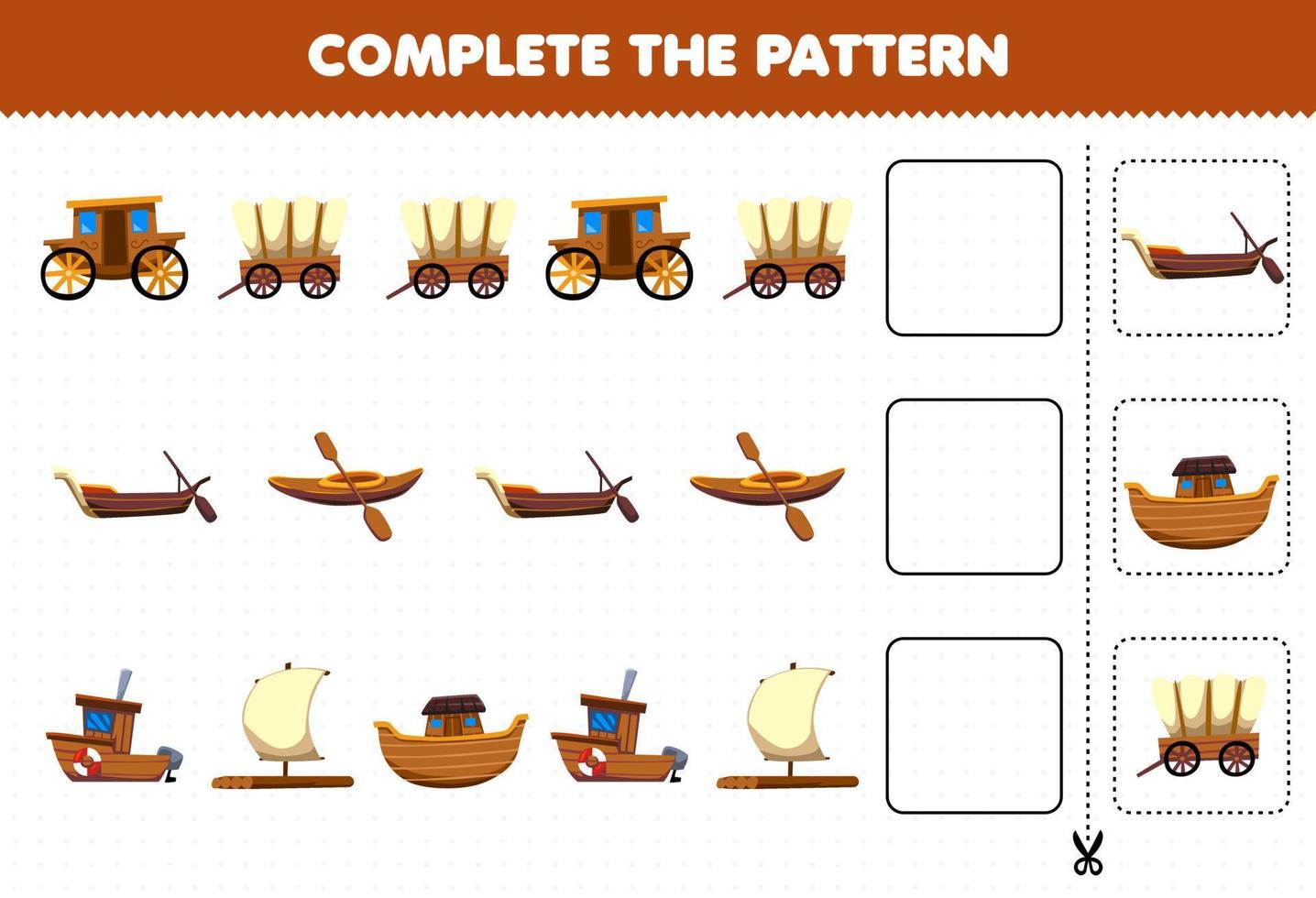 Education game for children complete the pattern logical thinking find the regularity and continue the row task with wooden transportation vector