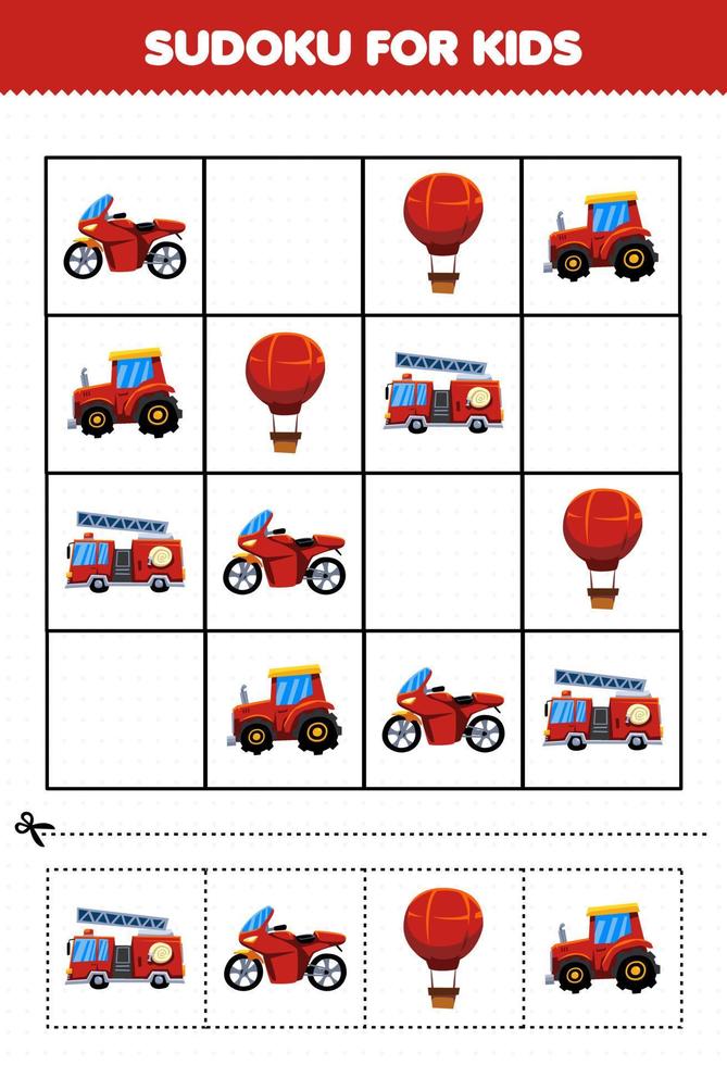 juego educativo para niños sudoku para niños con imagen de transporte rojo de dibujos animados vector