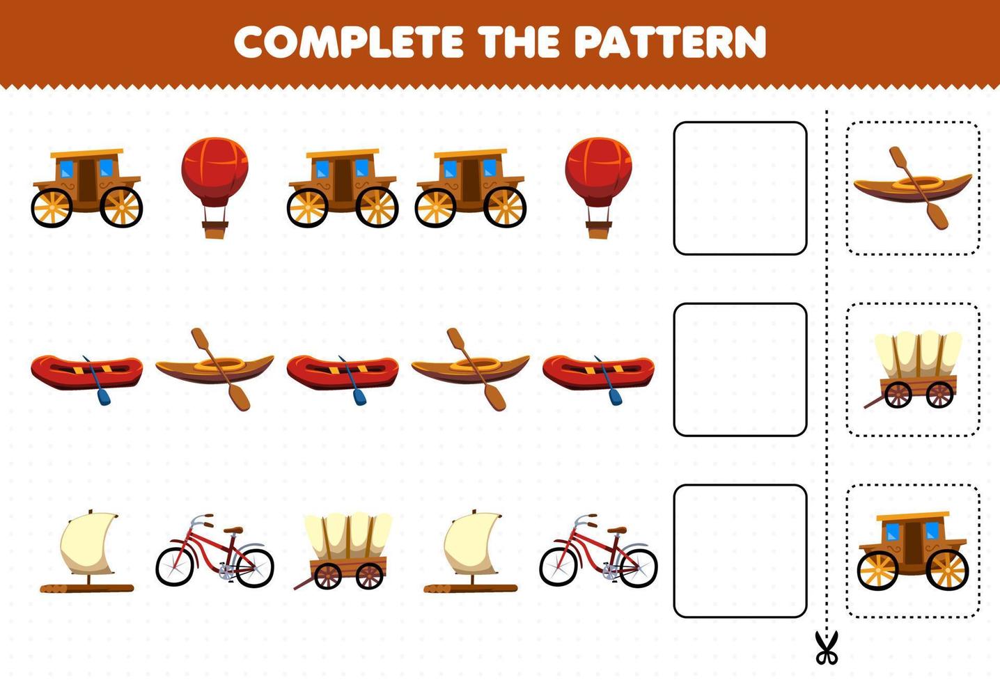 Education game for children complete the pattern logical thinking find the regularity and continue the row task with manual transportation vector
