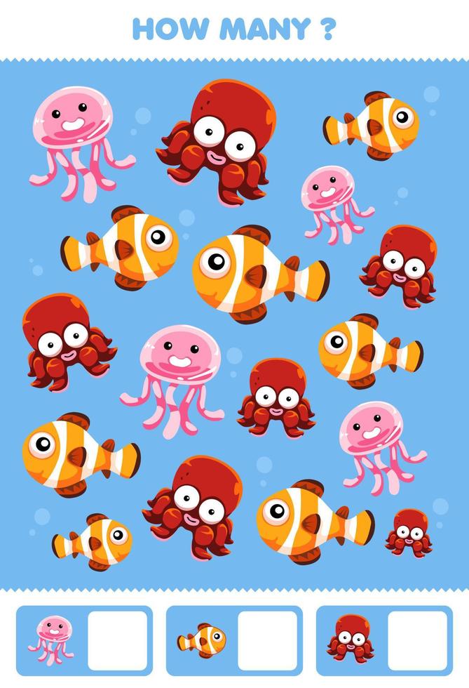 Education game for children searching and counting activity for preschool how many cute underwater animal clown fish jellyfish octopus vector