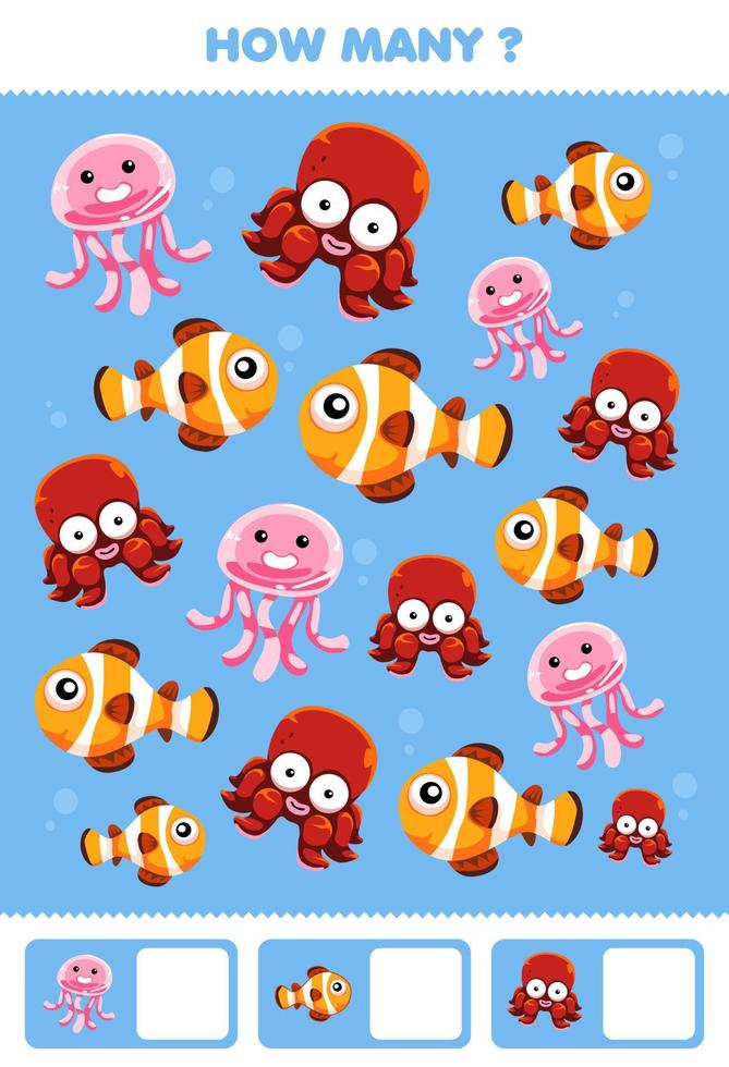 juego educativo para niños buscando y contando actividad para preescolar cuántos lindos animales submarinos payaso pez medusa pulpo vector