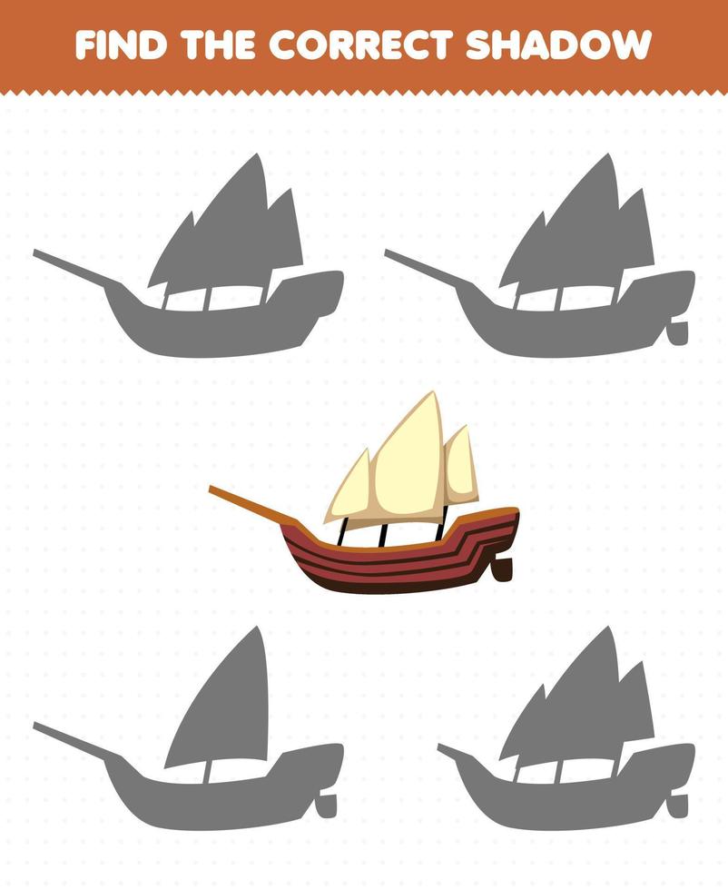 Education game for children find the correct shadow set of transportation xebec ship vector