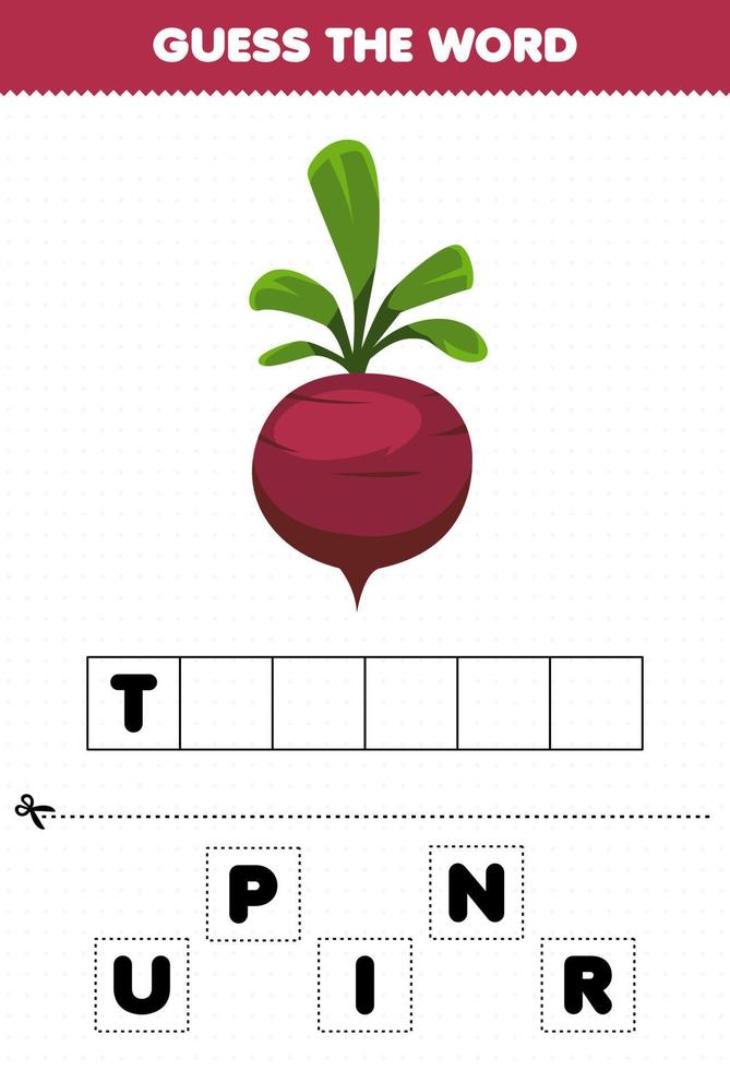 Education game for children guess the word letters practicing cute vegetable turnip vector