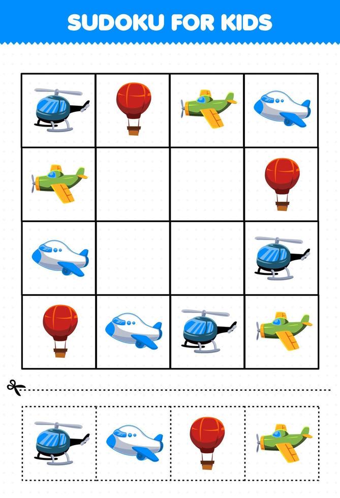 Education game for children sudoku for kids with cartoon flying transportation picture vector