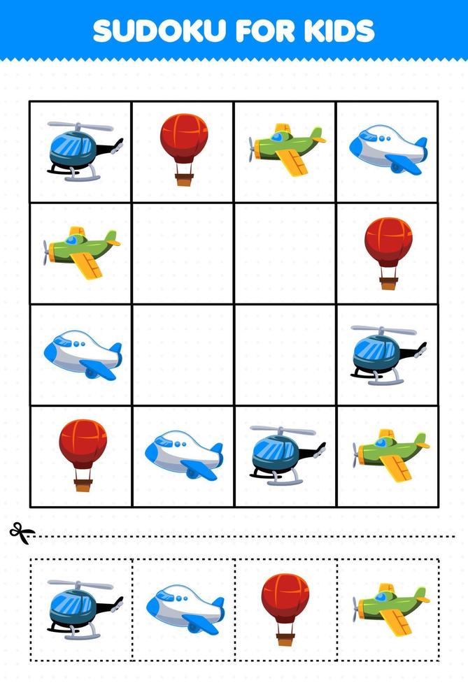 juego educativo para niños sudoku para niños con imagen de transporte volador de dibujos animados vector