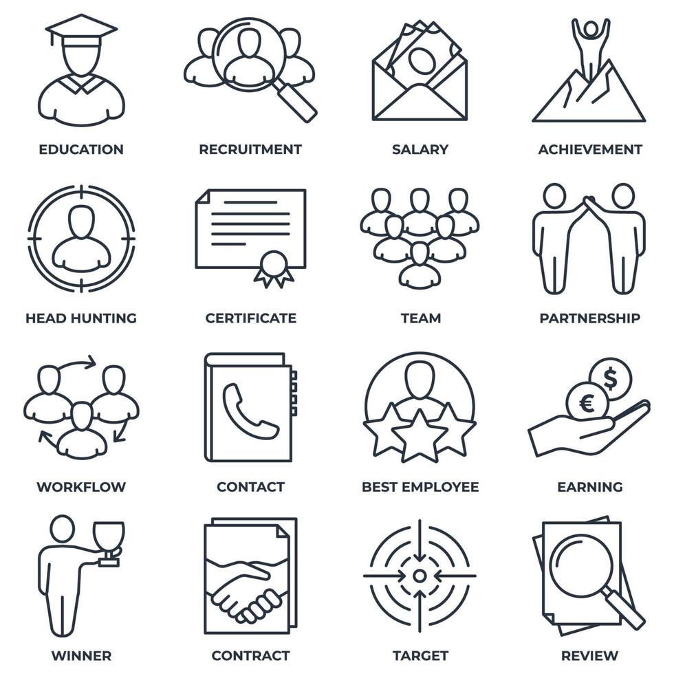 Set of Head Hunting, education, recruitment, salary, achievement and more icon logo vector illustration. recruiting pack symbol template for graphic and web design collection