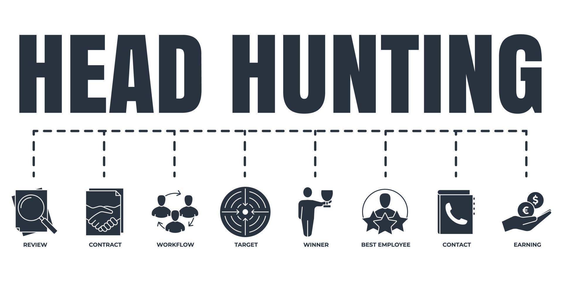 Head Hunting banner web icon set. workflow, contact, best employee, earning, winner, contract, target, review vector illustration concept.