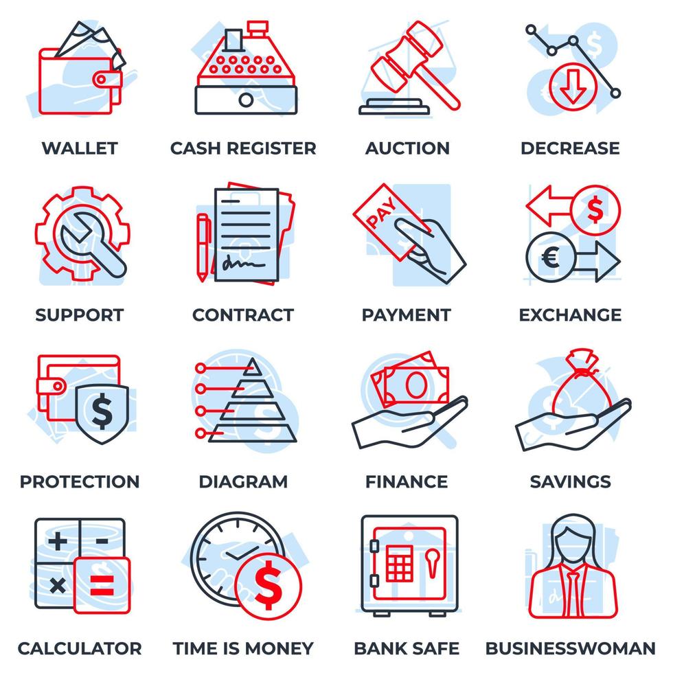 Set of money finance icon logo vector illustration. finance pack symbol template for graphic and web design collection. wallet, cash register, auction, decrease and more