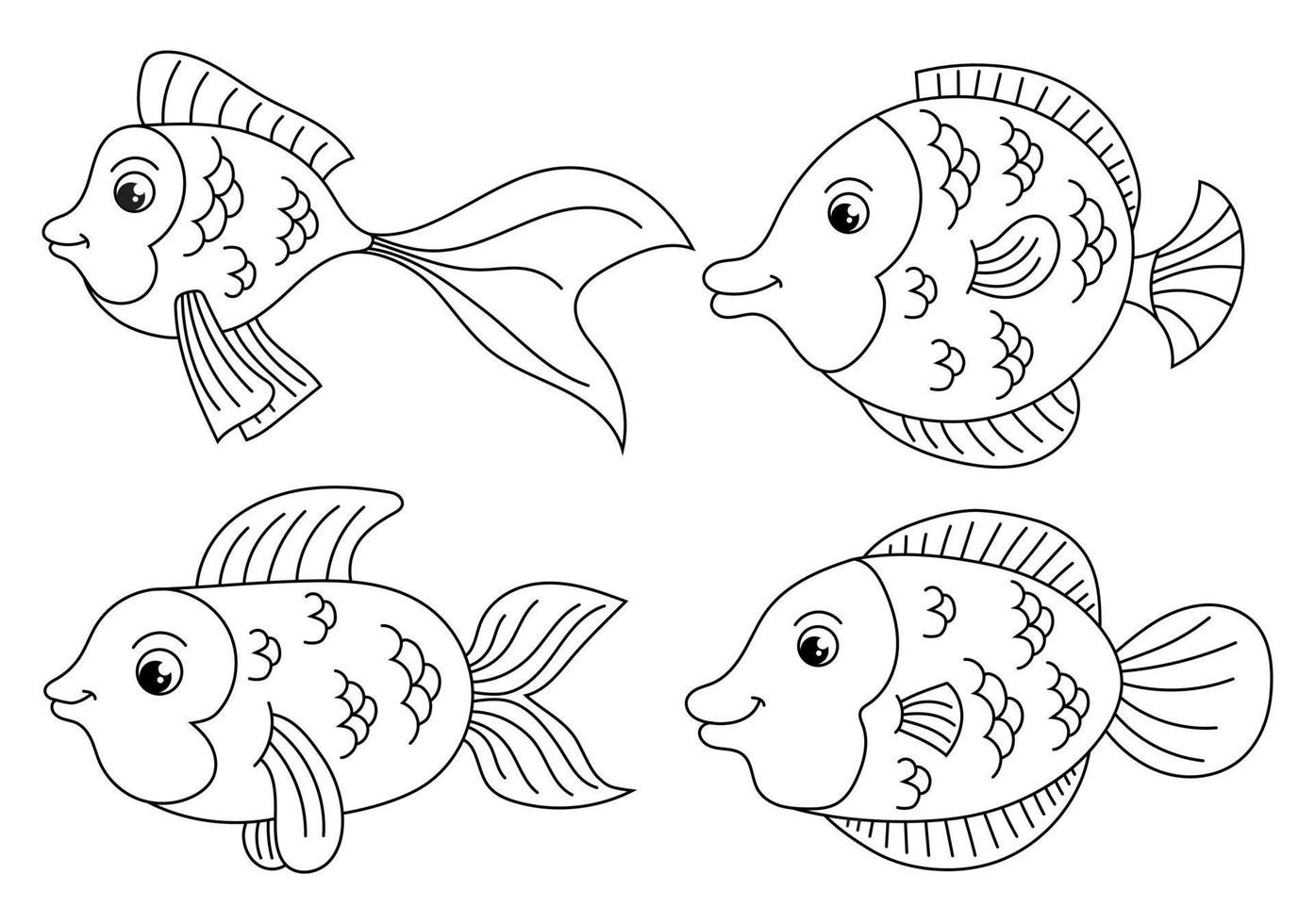 Outlined cartoon sea animals set for drawing. Coloring page of funny fishes vector
