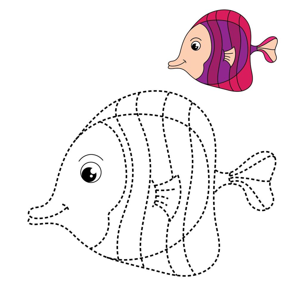 Trace and color for kids, fish vector