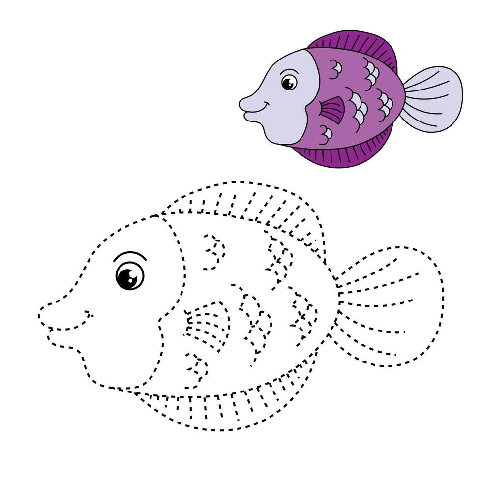 Trace and color for kids, fish vector