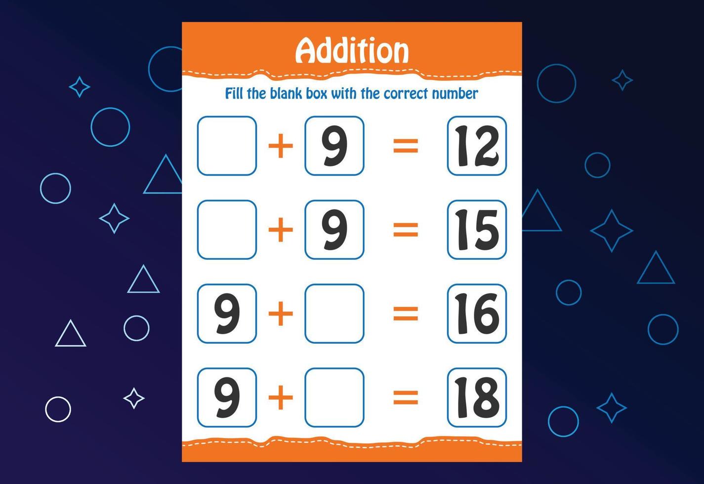 Basic math addition for kids. Fill the blank box with the correct number. Worksheet for kids vector