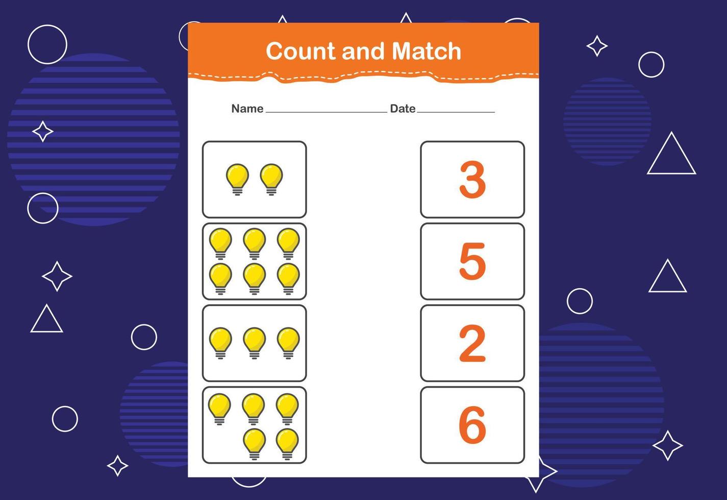 Count and Match worksheet for kids. Count and match with the correct number. Matching education game vector