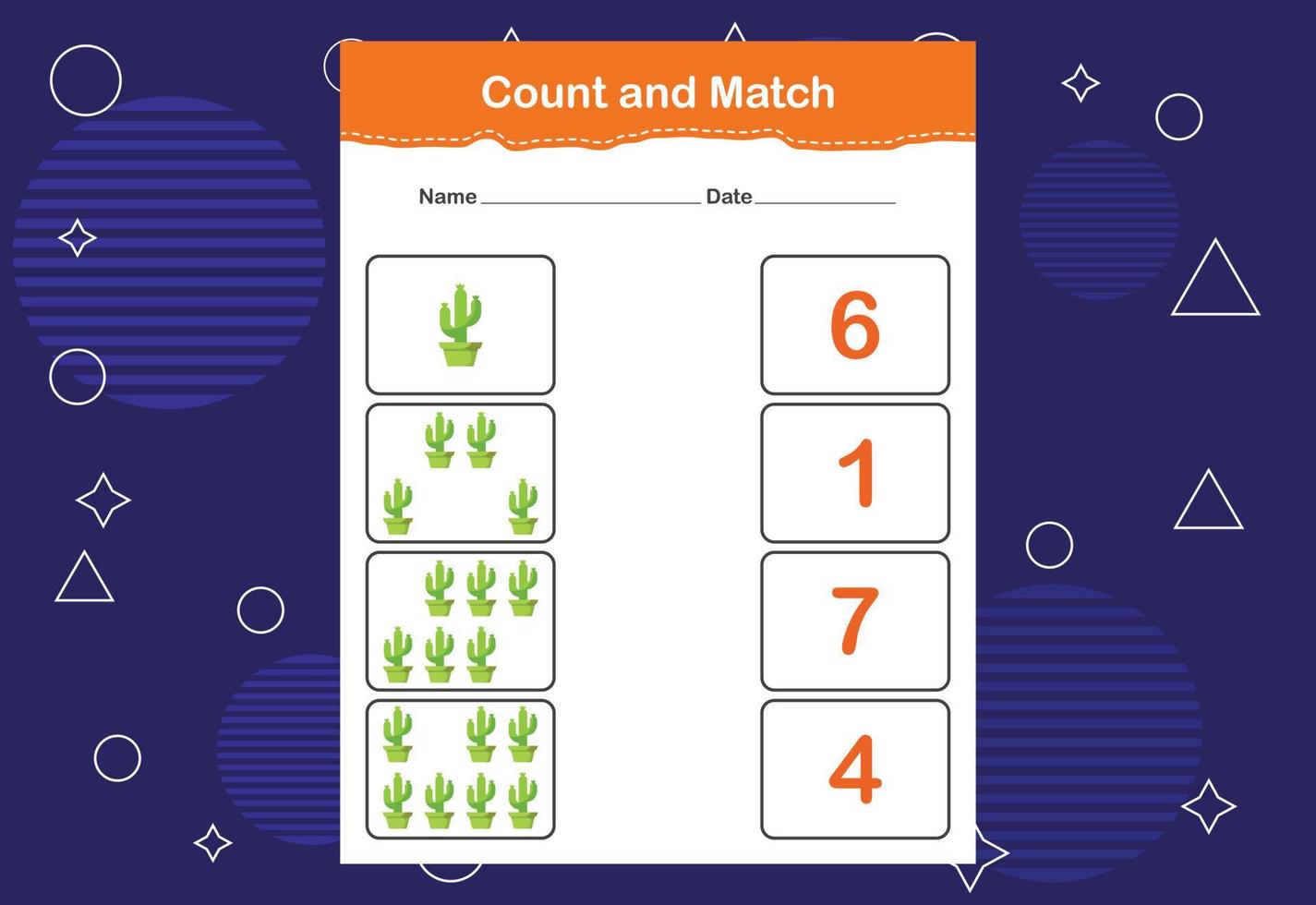 Count and Match worksheet for kids. Count and match with the correct number. Matching education game vector