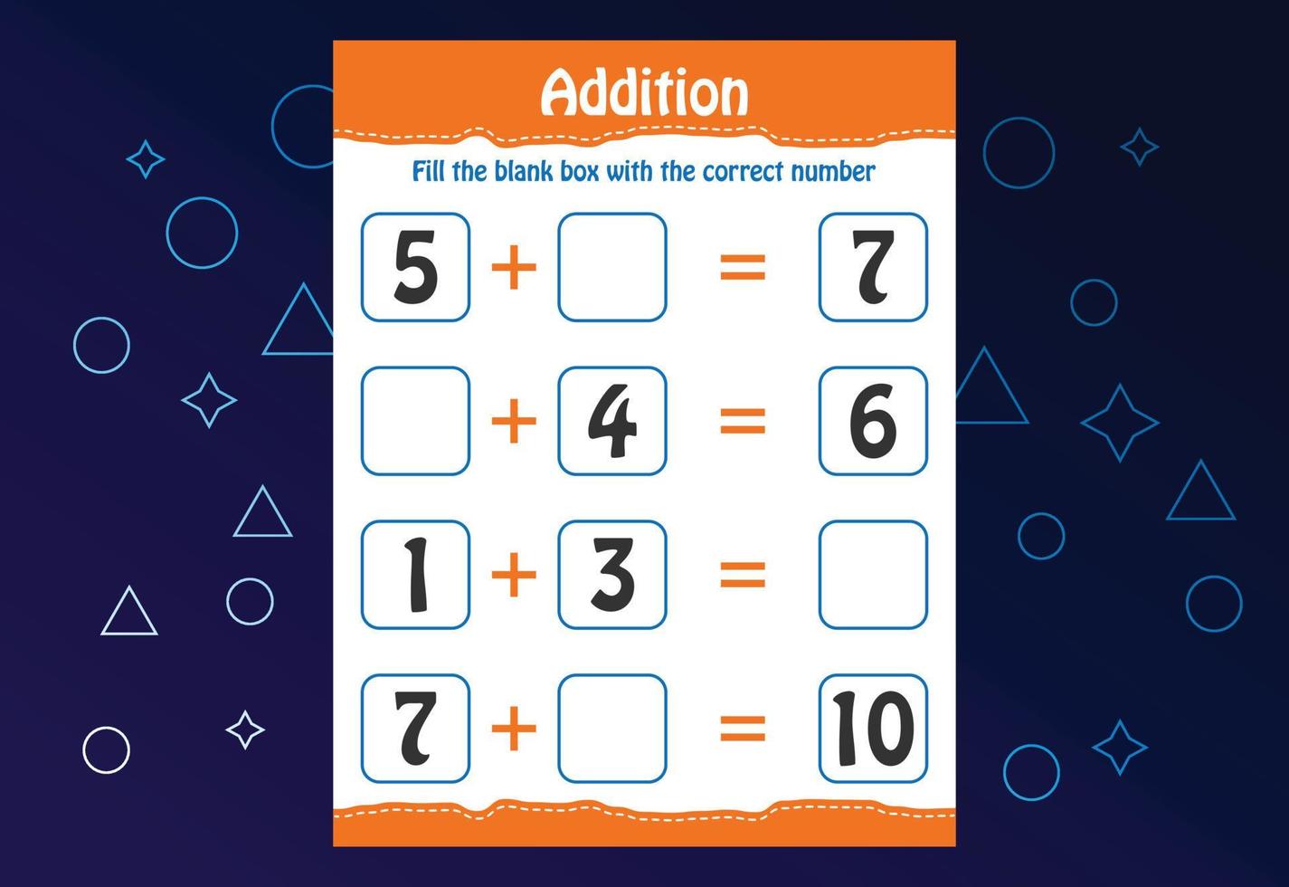 Basic math addition for kids. Fill the blank box with the correct number. Worksheet for kids vector