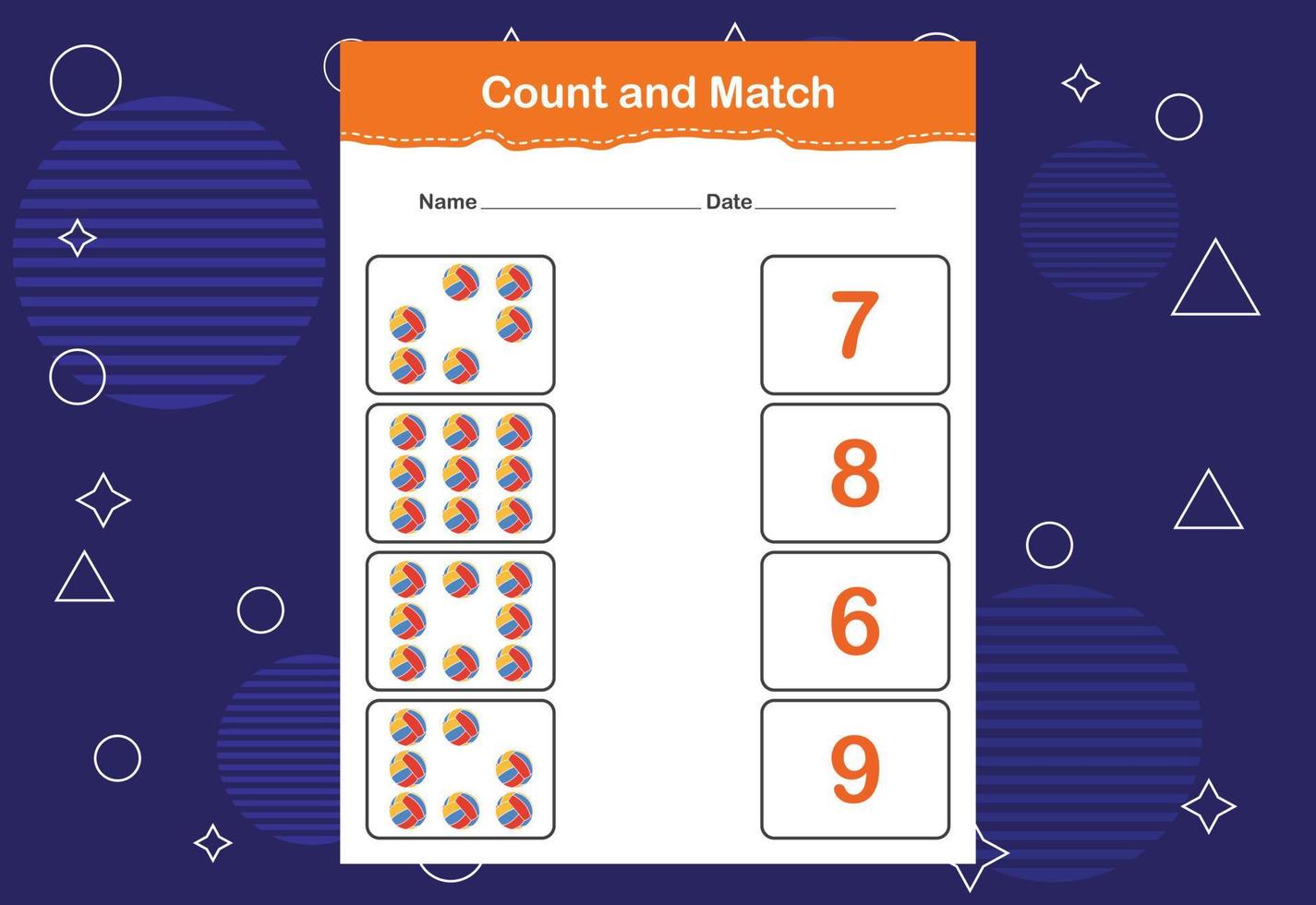 Count and Match worksheet for kids. Count and match with the correct number. Matching education game vector