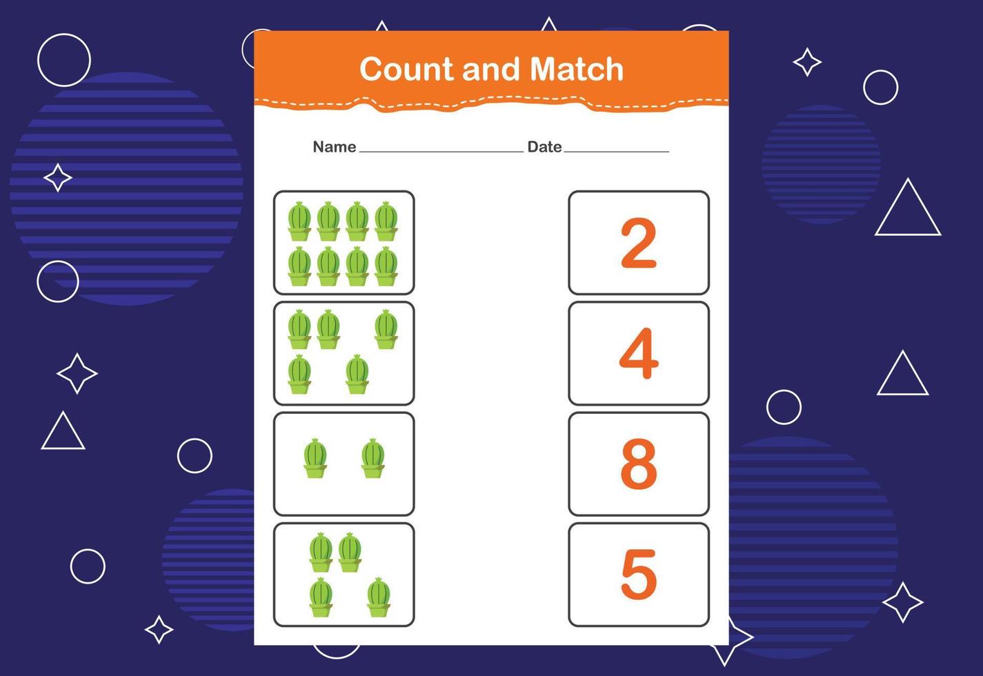 Count and Match worksheet for kids. Count and match with the correct number. Matching education game vector